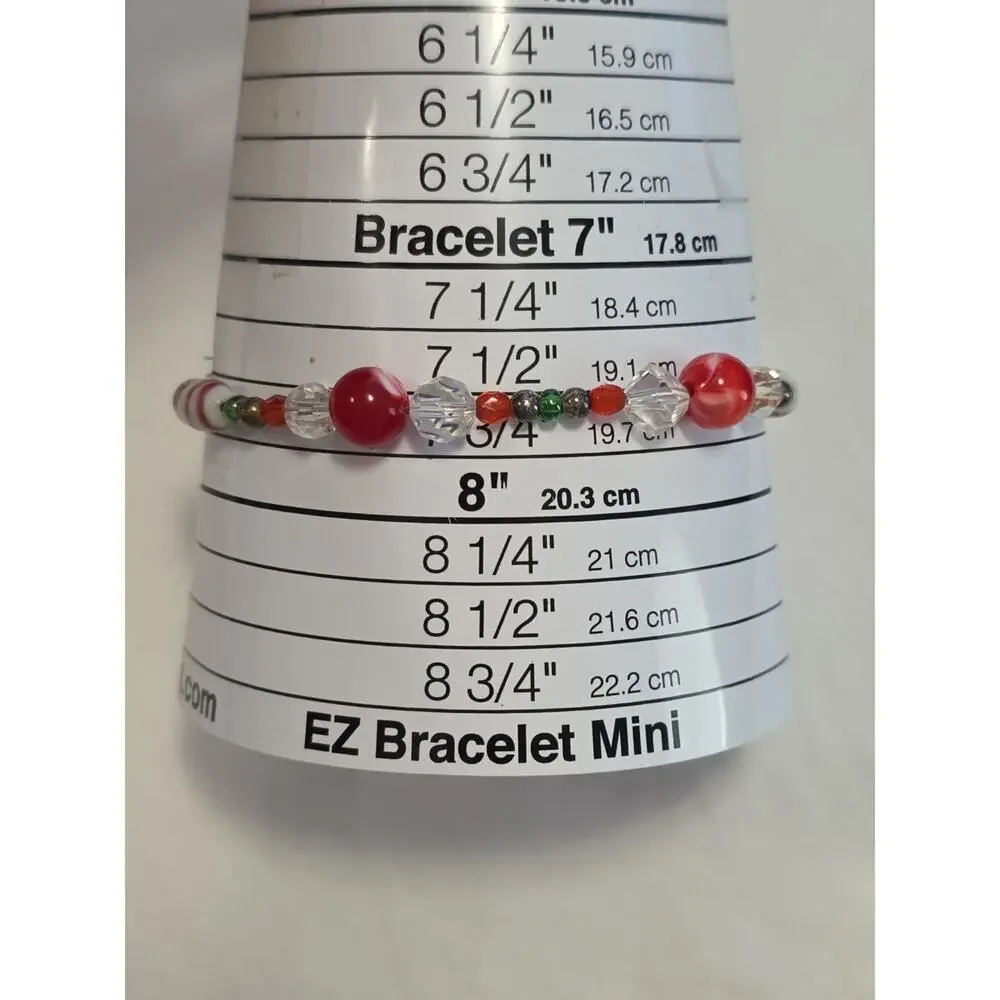 Christmas Colored Glass Beaded Chain Bracelet Red Green White Silver Tone
